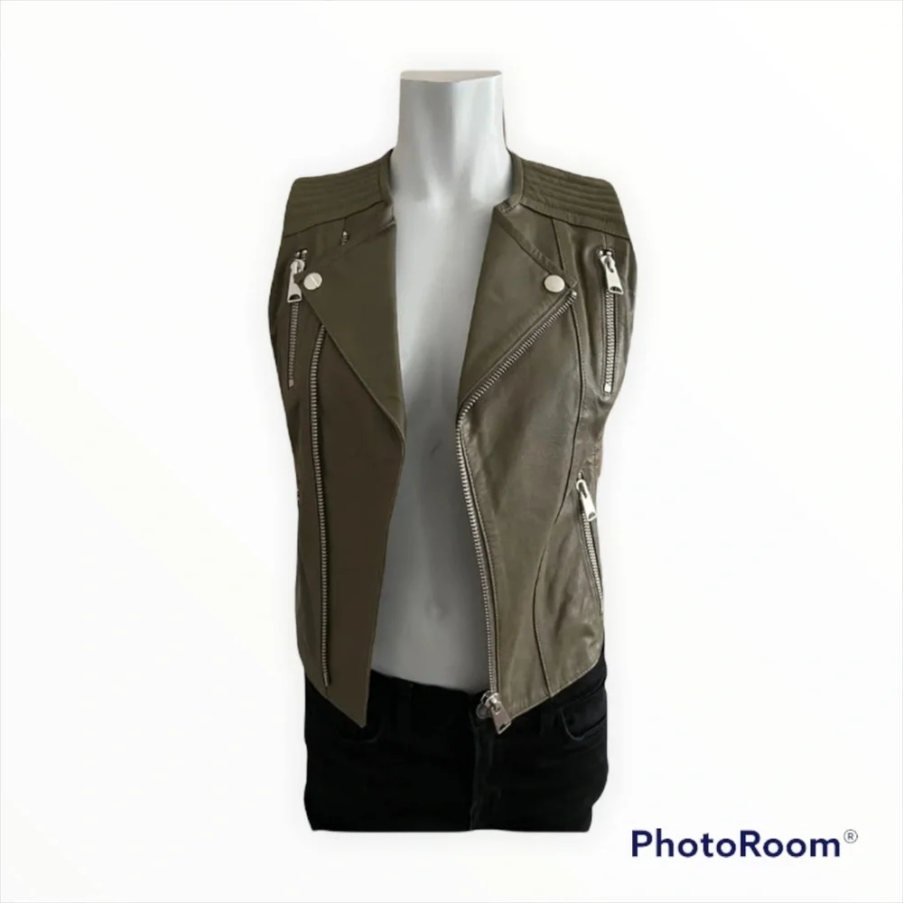 Anine Bing Olive Green Lamb Leather Moto Vest Sleeveless XS